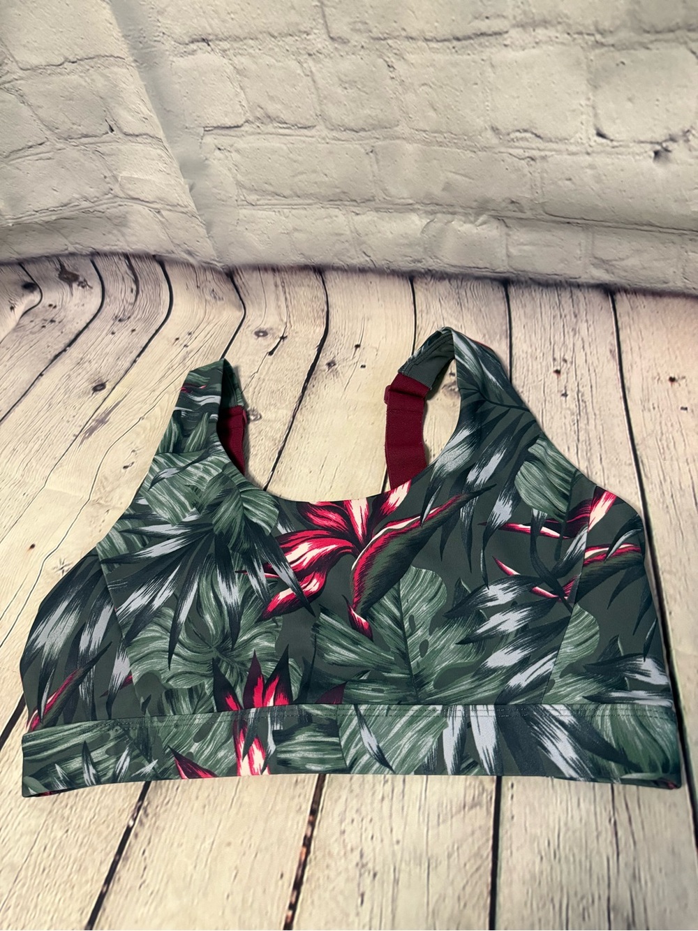 Lole Green Tropical Print Sports Bra with Red Accents